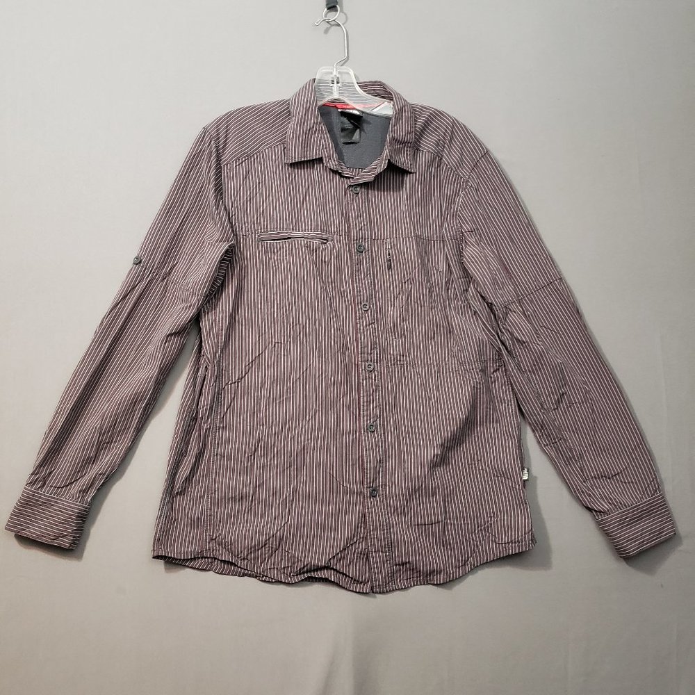The North Face Mens Medium Vented Button Down Guide Shirt Pinstriped Black Red